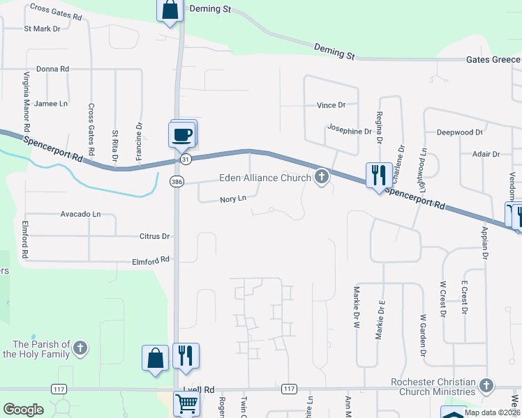 map of restaurants, bars, coffee shops, grocery stores, and more near 75 Nory Lane in Rochester