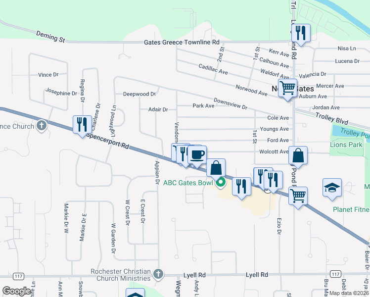map of restaurants, bars, coffee shops, grocery stores, and more near 311 Ford Avenue in Rochester