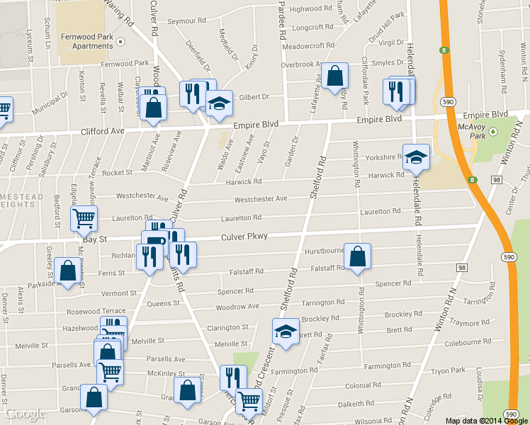 map of restaurants, bars, coffee shops, grocery stores, and more near 351 Westchester Avenue in Irondequoit