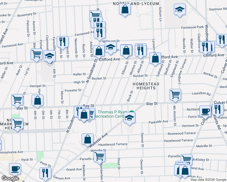 map of restaurants, bars, coffee shops, grocery stores, and more near 96 Cummings Street in Rochester