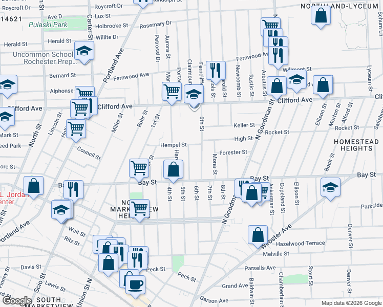 map of restaurants, bars, coffee shops, grocery stores, and more near 131 Hempel Street in Rochester