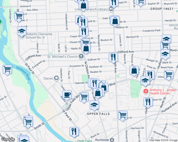 map of restaurants, bars, coffee shops, grocery stores, and more near in Rochester