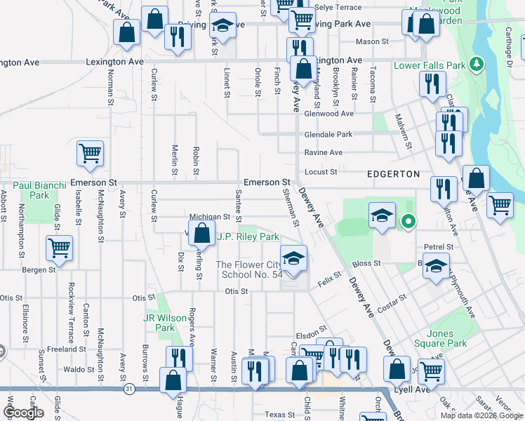 map of restaurants, bars, coffee shops, grocery stores, and more near 51 Curtis Street in Rochester