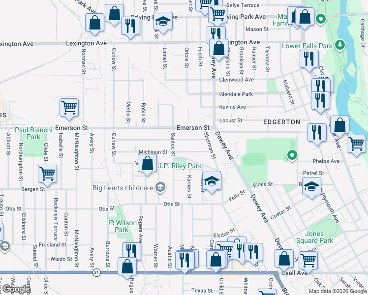 map of restaurants, bars, coffee shops, grocery stores, and more near 51 Curtis Street in Rochester
