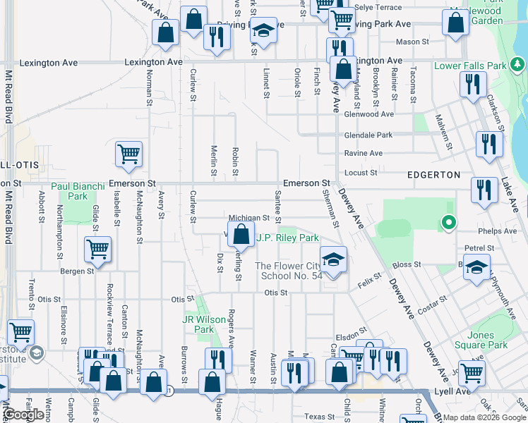 map of restaurants, bars, coffee shops, grocery stores, and more near 163 Curtis Street in Rochester