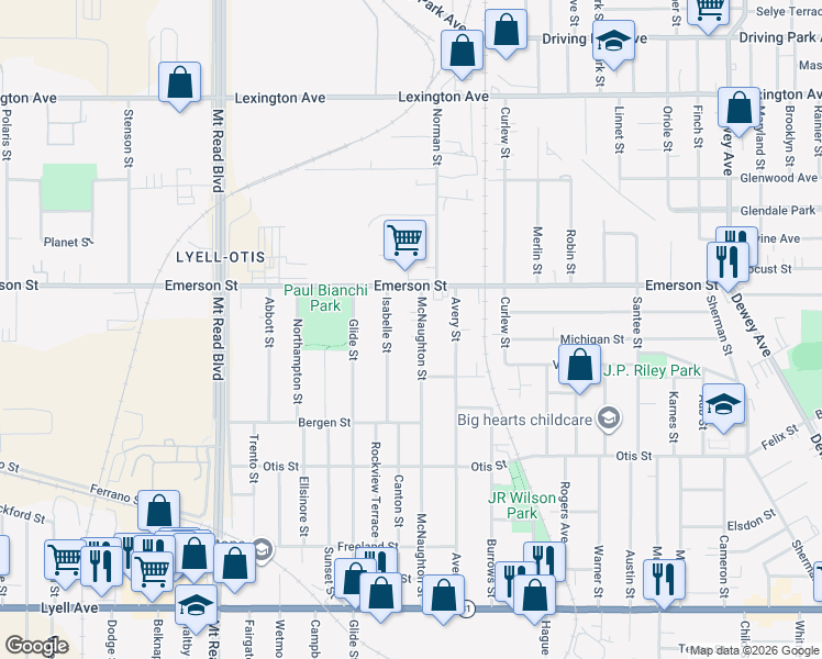 map of restaurants, bars, coffee shops, grocery stores, and more near 407 McNaughton Street in Rochester