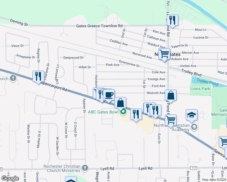 map of restaurants, bars, coffee shops, grocery stores, and more near 259 Ford Avenue in Rochester