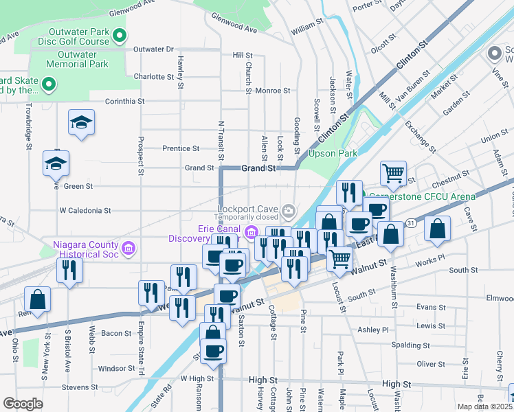 map of restaurants, bars, coffee shops, grocery stores, and more near 102 Church Street in Lockport