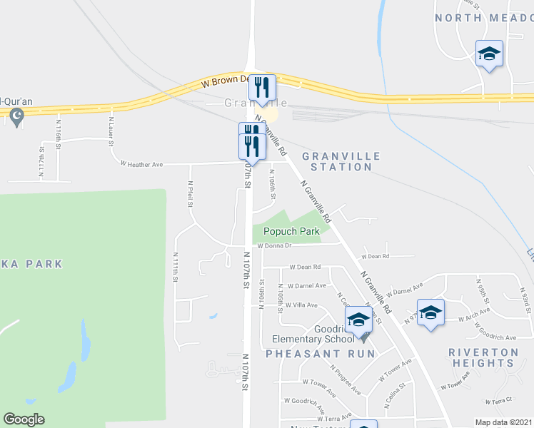 map of restaurants, bars, coffee shops, grocery stores, and more near 8544 North 106th Street in Milwaukee
