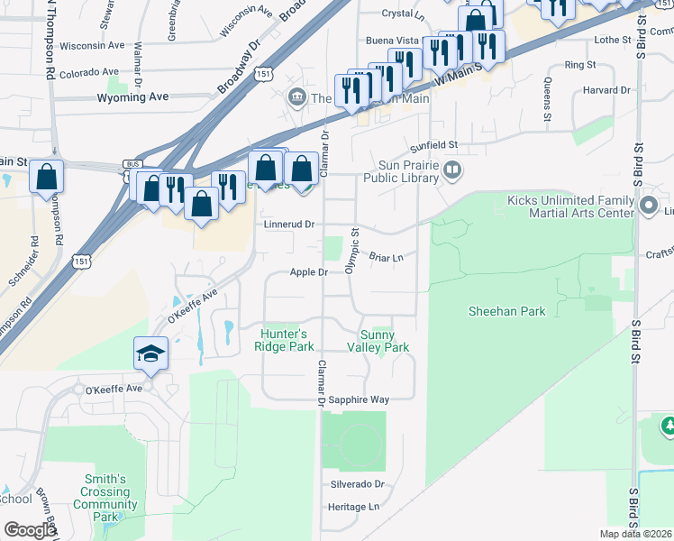 map of restaurants, bars, coffee shops, grocery stores, and more near 710 Olympic Street in Sun Prairie