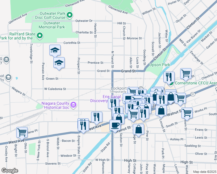 map of restaurants, bars, coffee shops, grocery stores, and more near 141 Caledonia Street in Lockport