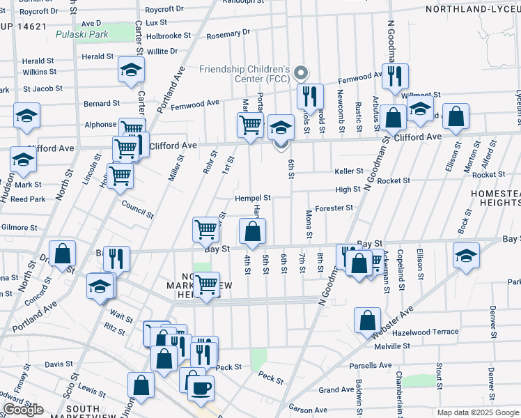 map of restaurants, bars, coffee shops, grocery stores, and more near 83 Hempel Street in Rochester
