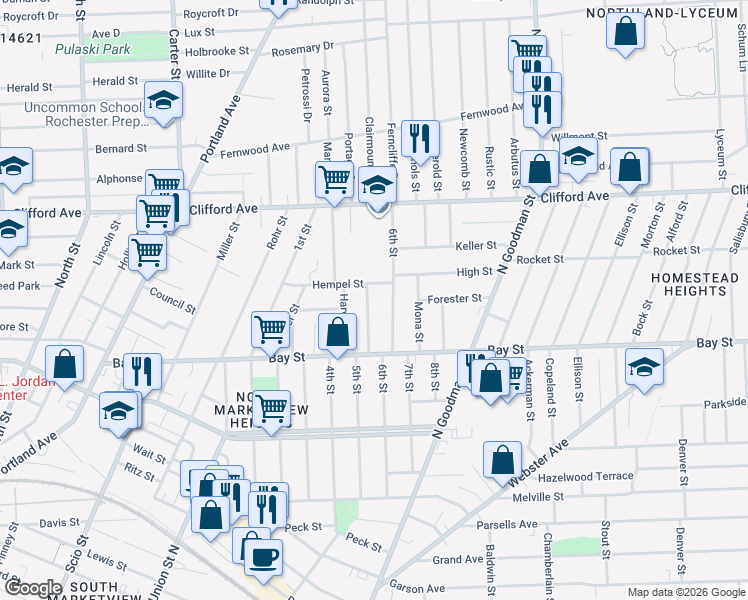 map of restaurants, bars, coffee shops, grocery stores, and more near 131 Hempel Street in Rochester