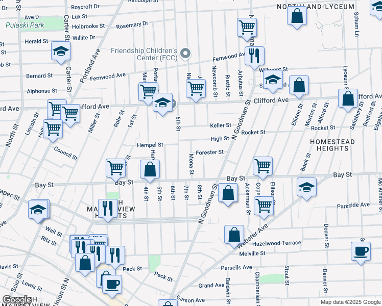 map of restaurants, bars, coffee shops, grocery stores, and more near Mona Street in Rochester
