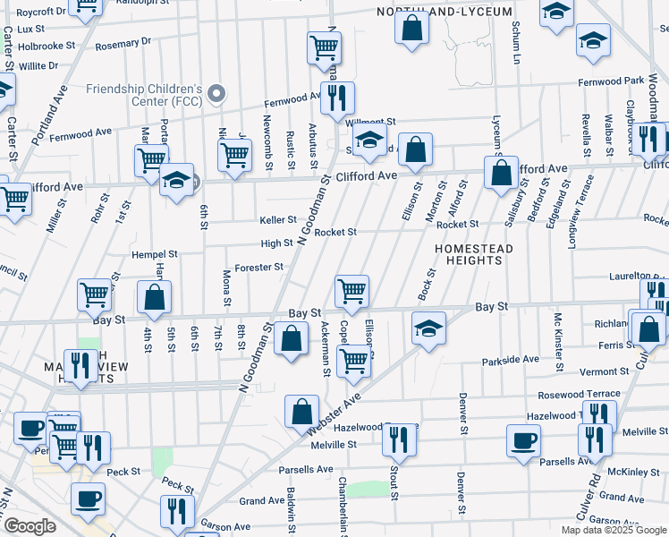 map of restaurants, bars, coffee shops, grocery stores, and more near 73 Baycliff Drive in Rochester