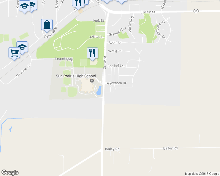 map of restaurants, bars, coffee shops, grocery stores, and more near 601 Hawthorn Drive in Sun Prairie