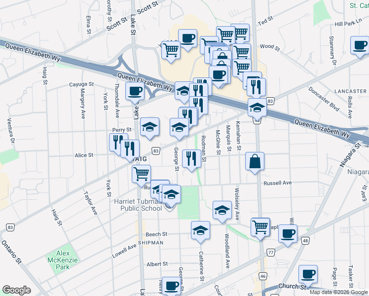 map of restaurants, bars, coffee shops, grocery stores, and more near 19 Columbia Street in St. Catharines