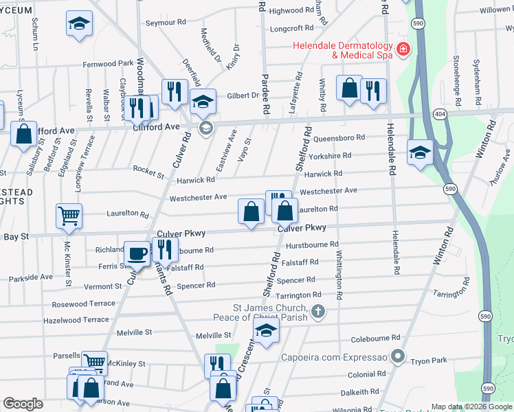 map of restaurants, bars, coffee shops, grocery stores, and more near 399 Westchester Avenue in Irondequoit