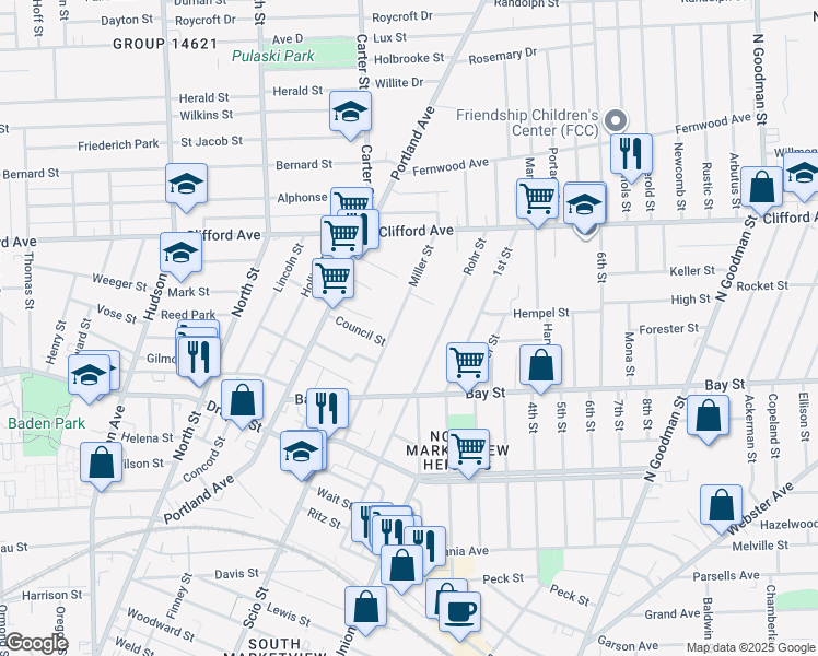 map of restaurants, bars, coffee shops, grocery stores, and more near 20 Wright Terrace in Rochester