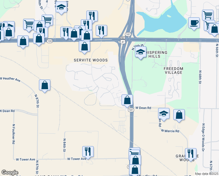 map of restaurants, bars, coffee shops, grocery stores, and more near 8508 North Servite Drive in Milwaukee