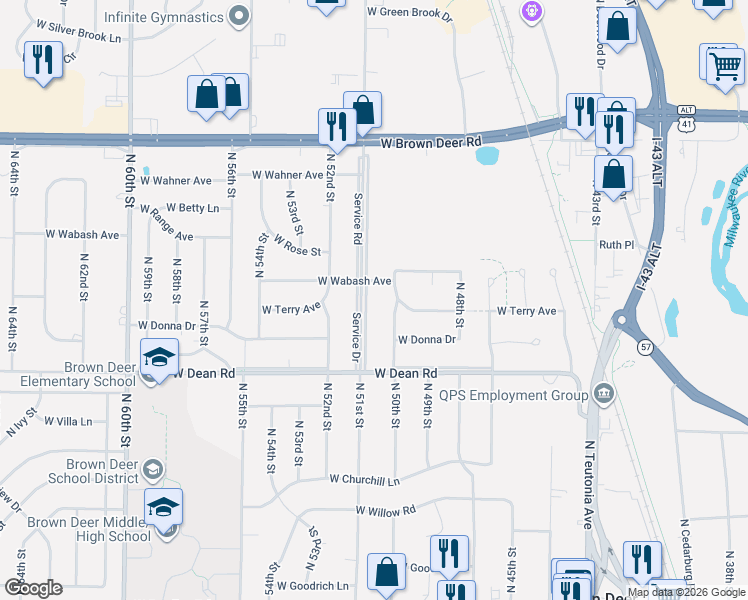 map of restaurants, bars, coffee shops, grocery stores, and more near 8519 North 50th Street in Brown Deer