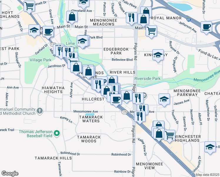 map of restaurants, bars, coffee shops, grocery stores, and more near n85w15800 Appleton Avenue in Menomonee Falls