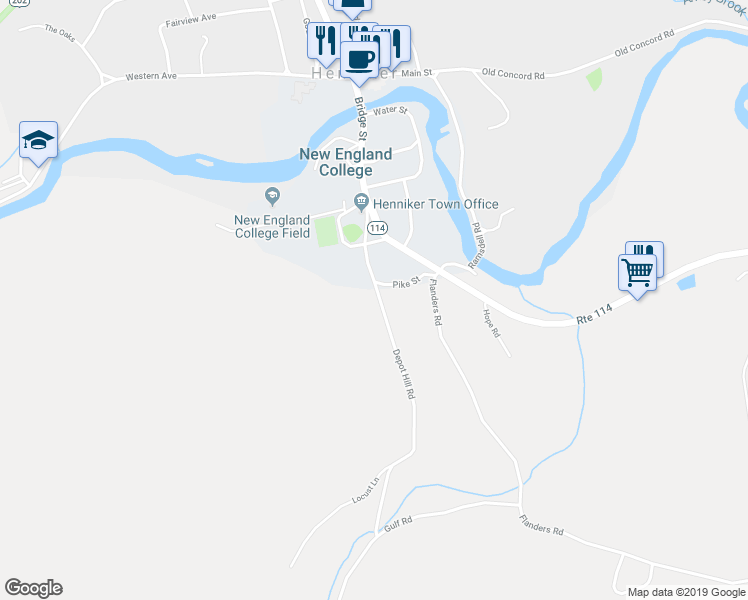 map of restaurants, bars, coffee shops, grocery stores, and more near 118 Depot Hill Road in Henniker