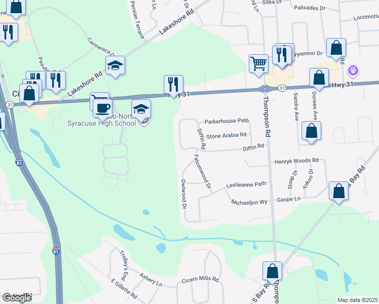map of restaurants, bars, coffee shops, grocery stores, and more near 6181 Diffin Road in Cicero