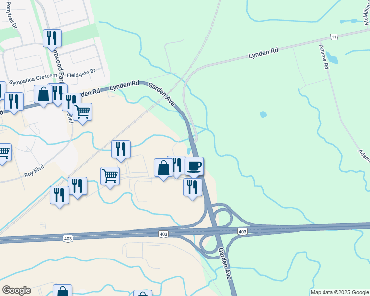 map of restaurants, bars, coffee shops, grocery stores, and more near 40 Shellington Place in Brantford