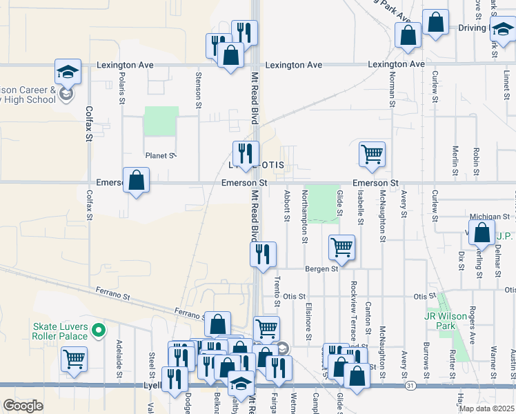 map of restaurants, bars, coffee shops, grocery stores, and more near 1070 Mount Read Boulevard in Rochester