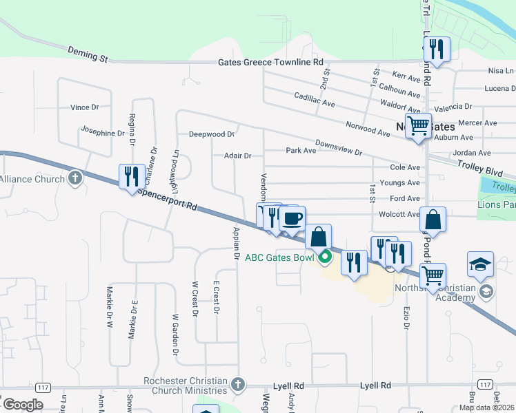 map of restaurants, bars, coffee shops, grocery stores, and more near 51 Vendome Drive South in Rochester