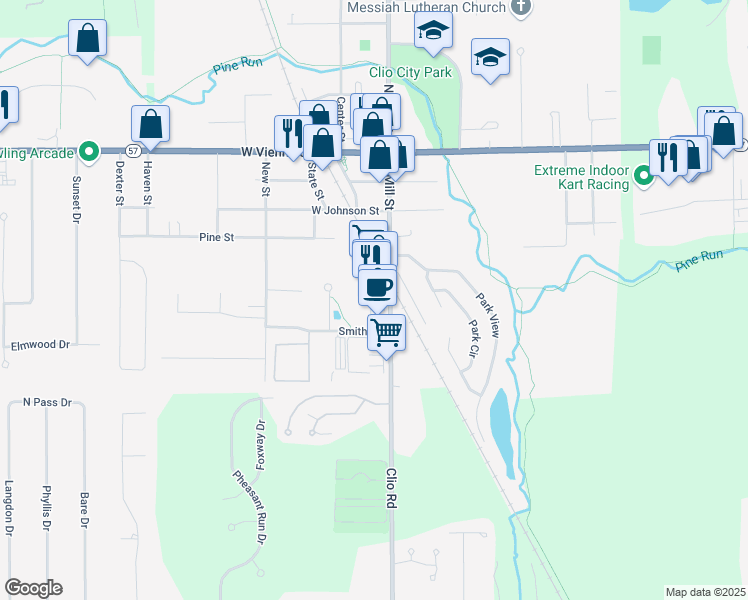 map of restaurants, bars, coffee shops, grocery stores, and more near 550 South Mill Street in Clio