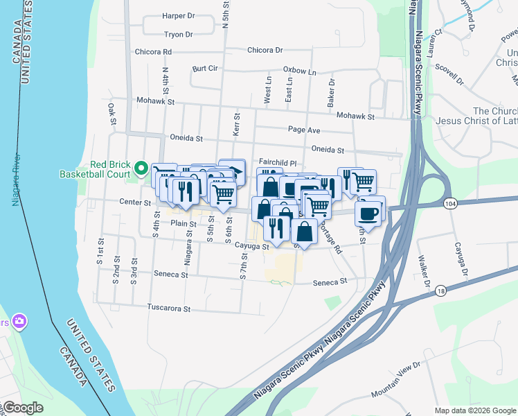 map of restaurants, bars, coffee shops, grocery stores, and more near 728 Center Street in Lewiston