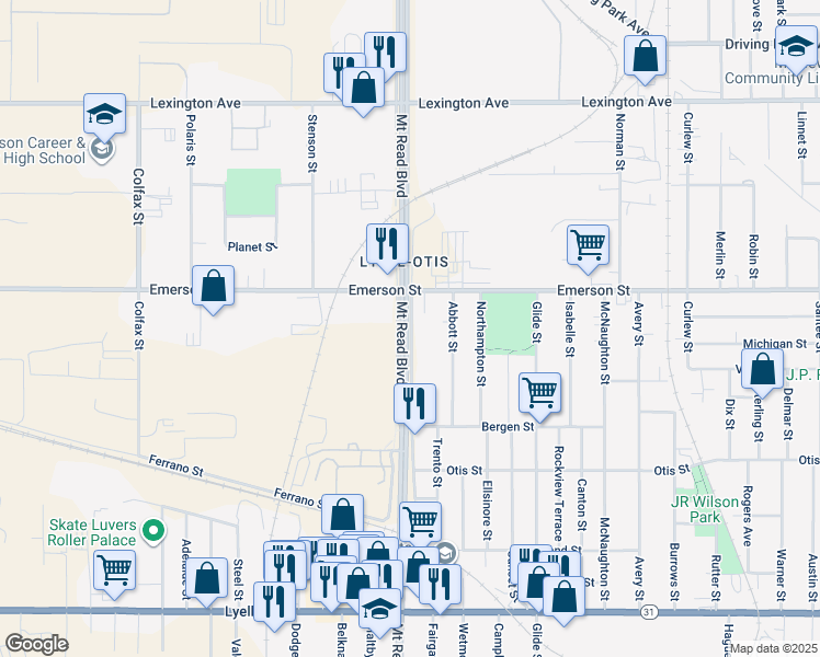 map of restaurants, bars, coffee shops, grocery stores, and more near 1064 Mount Read Boulevard in Rochester