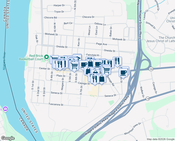 map of restaurants, bars, coffee shops, grocery stores, and more near 728 Center Street in Lewiston