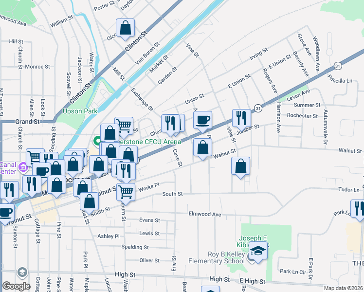 map of restaurants, bars, coffee shops, grocery stores, and more near 216 East Avenue in Lockport