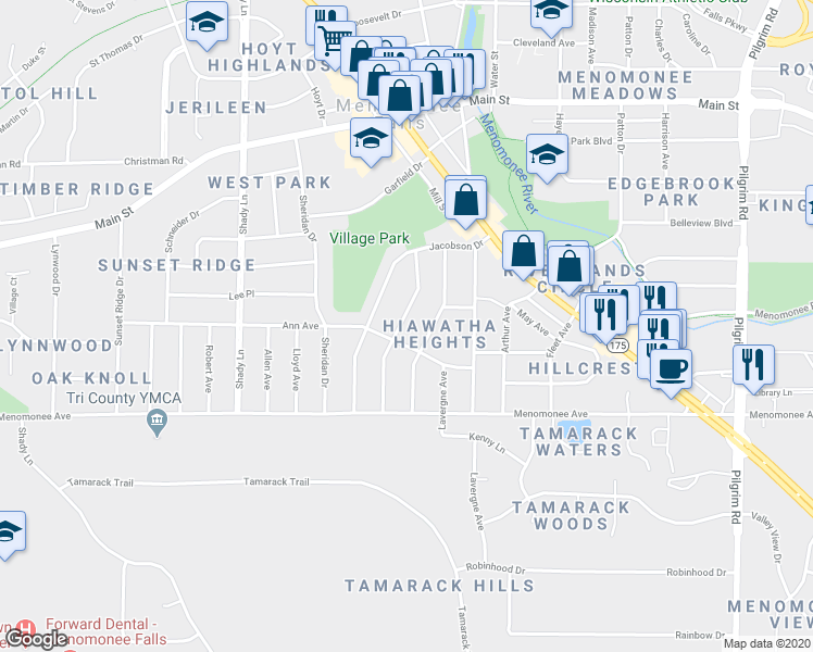 map of restaurants, bars, coffee shops, grocery stores, and more near W166N8538 Theodore Avenue in Menomonee Falls