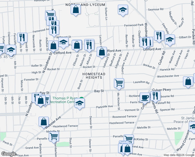 map of restaurants, bars, coffee shops, grocery stores, and more near 73 Salisbury Street in Rochester