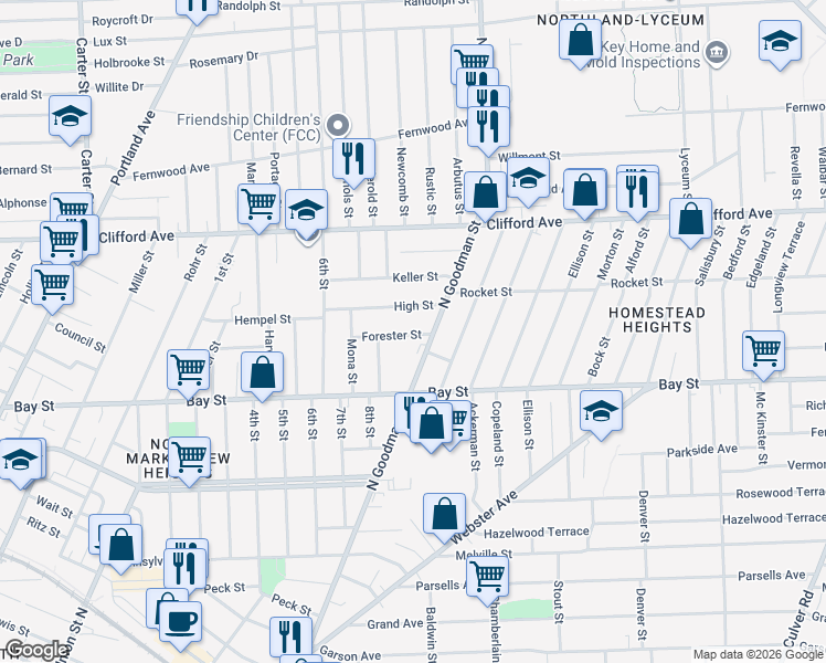 map of restaurants, bars, coffee shops, grocery stores, and more near 20 Forester Street in Rochester