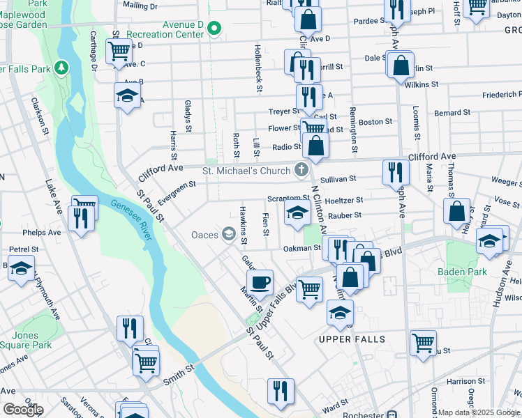 map of restaurants, bars, coffee shops, grocery stores, and more near 97 Scrantom Street in Rochester