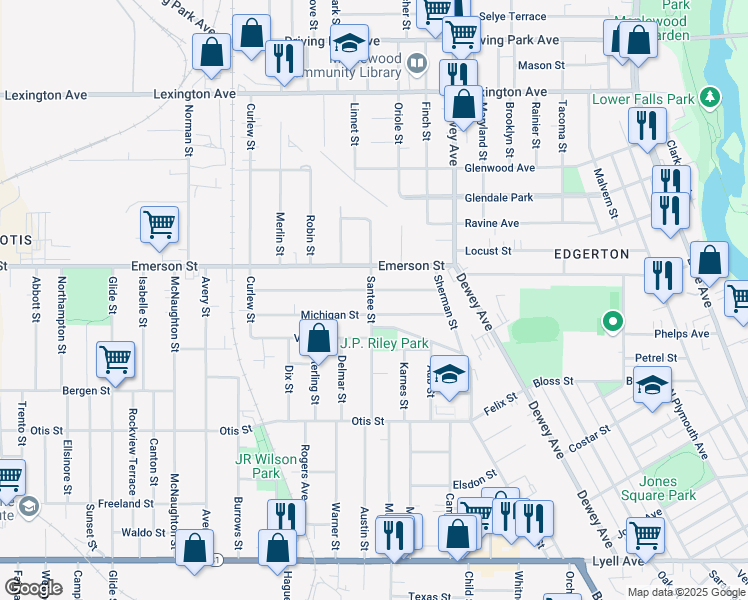 map of restaurants, bars, coffee shops, grocery stores, and more near 101 Curtis Street in Rochester