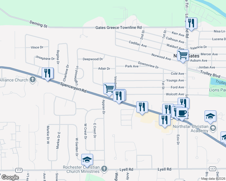 map of restaurants, bars, coffee shops, grocery stores, and more near 51 Vendome Drive South in Rochester