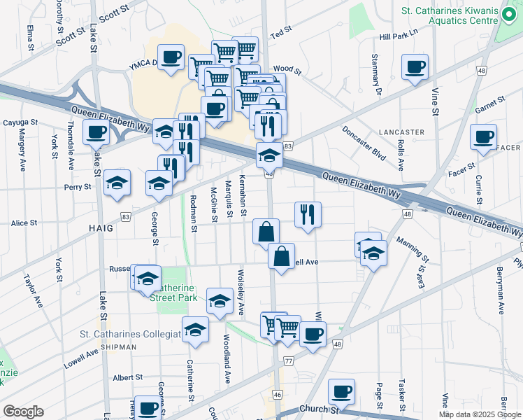 map of restaurants, bars, coffee shops, grocery stores, and more near in St. Catharines