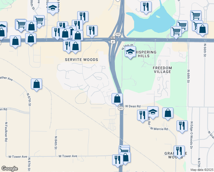 map of restaurants, bars, coffee shops, grocery stores, and more near 7664 West Wabash Court in Milwaukee