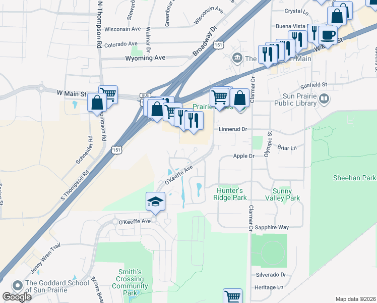 map of restaurants, bars, coffee shops, grocery stores, and more near 840 Garden Drive in Sun Prairie