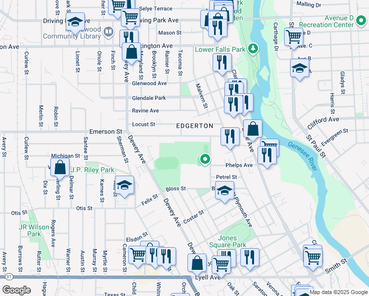 map of restaurants, bars, coffee shops, grocery stores, and more near 129 Fulton Avenue in Rochester