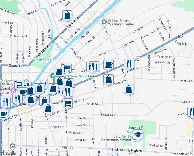 map of restaurants, bars, coffee shops, grocery stores, and more near 216 East Avenue in Lockport