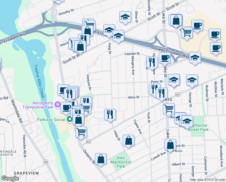 map of restaurants, bars, coffee shops, grocery stores, and more near in St. Catharines