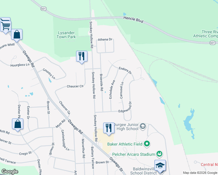 map of restaurants, bars, coffee shops, grocery stores, and more near 21 Echodale Avenue in Baldwinsville