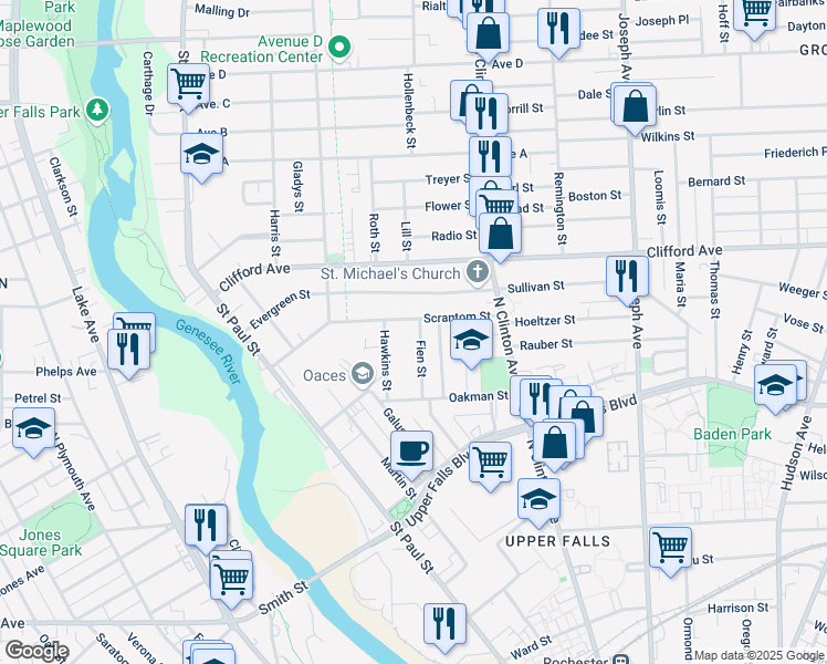 map of restaurants, bars, coffee shops, grocery stores, and more near 97 Scrantom Street in Rochester